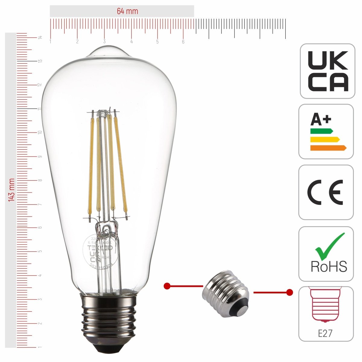Size and certifications of LED Filament Bulb ST64 Edison E27 Edison Screw 6.5W 806lm Cool White 4000K Clear Pack of 4 | TEKLED 583-150304