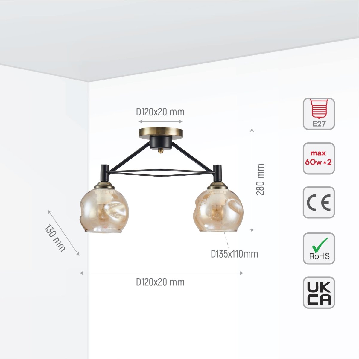 Size and tech specs of Amber Bell Glass Black Metal Semi Flush Ceiling Light | TEKLED 158-19886