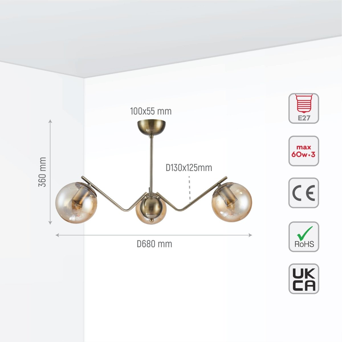 Size and tech specs of Amber Cone Glass Antique Brass Metal Spider Semi Flush Ceiling Light | TEKLED 159-17188