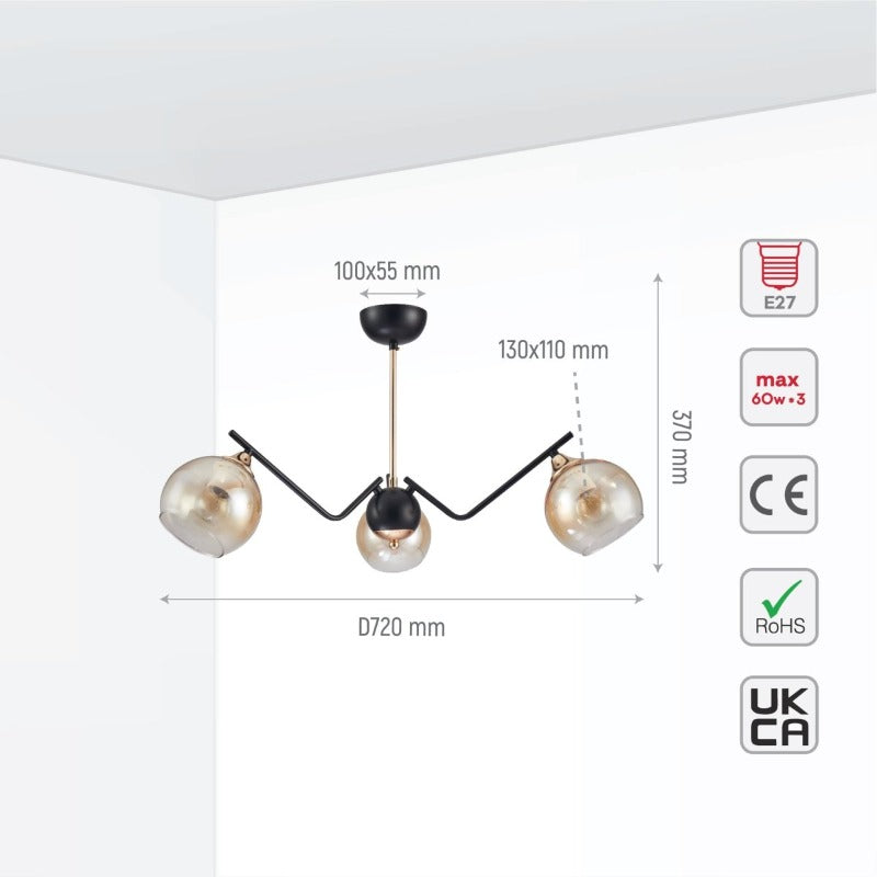 Size and tech specs of Amber Cone Glass Black Gold Metal Spider Semi Flush Ceiling Light | TEKLED 159-17182