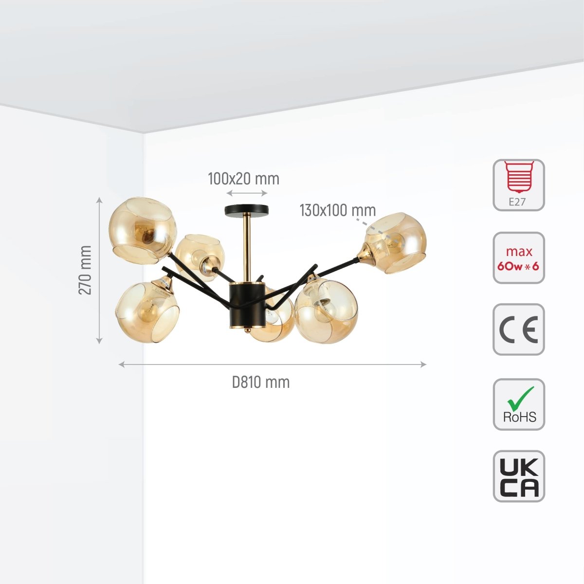 Size and tech specs of Amber Cut-out Globe Glass Black Gold Metal Sputnik Semi Flush Ceiling Light | TEKLED 159-17196