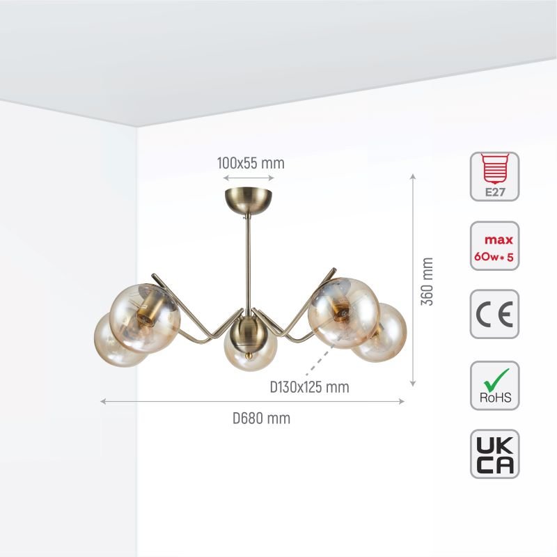 TEKLEDSemi-Flush Ceiling LightAmber Globe Glass Antique Brass Metal Spider Semi Flush Ceiling Light159-171905 Lamp4