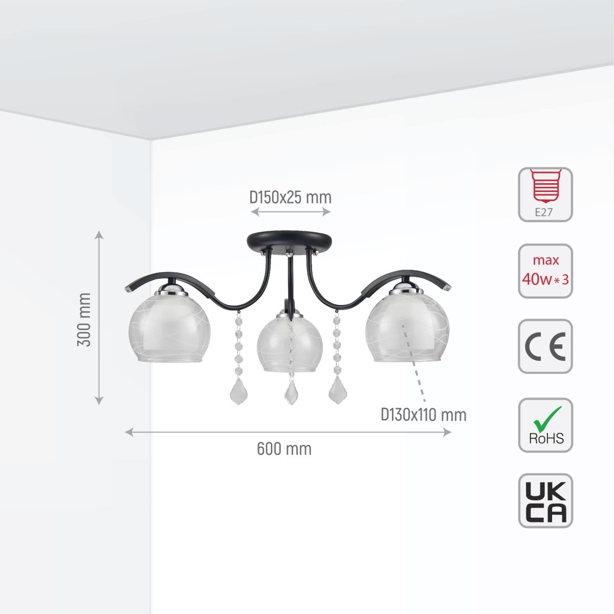 Size and tech specs of Clear Opal Double Layer Bell Glass Black Metal Semi Flush Ceiling Light | TEKLED 158-193421