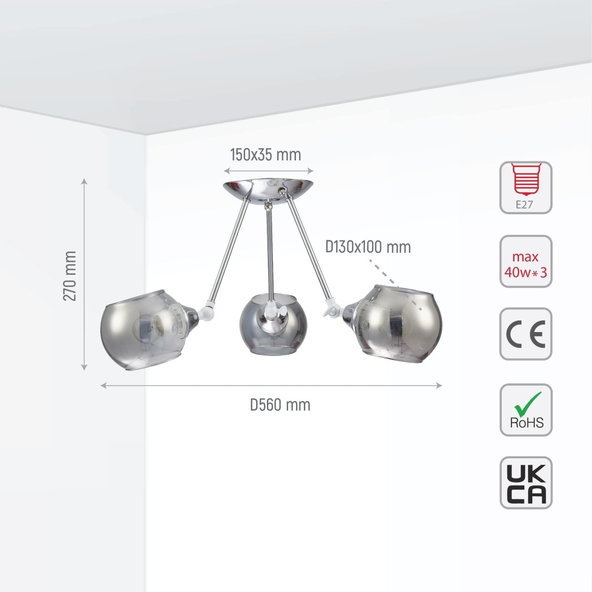 Size and tech specs of Smoky Cut-out Globe Glass Hinged Chrome Metal Semi Flush Ceiling Light | TEKLED 159-17584