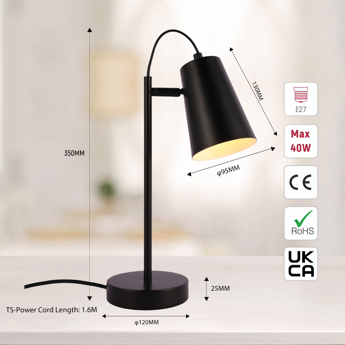 Size and certifications of Sleek Cut Cone Desk Lamp in Vibrant Colors - Modern Elegance 130-03664