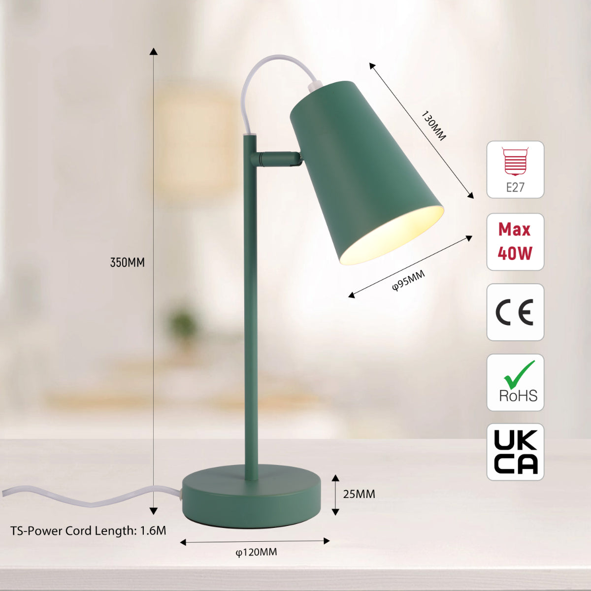 Size and certifications of Sleek Cut Cone Desk Lamp in Vibrant Colors - Modern Elegance 130-03670