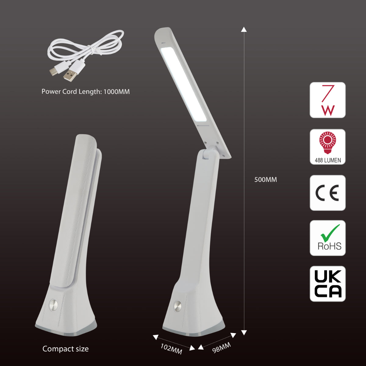 Size and certifications of Sleek Foldable LED Desk Lamp with Touch Control 130-03762