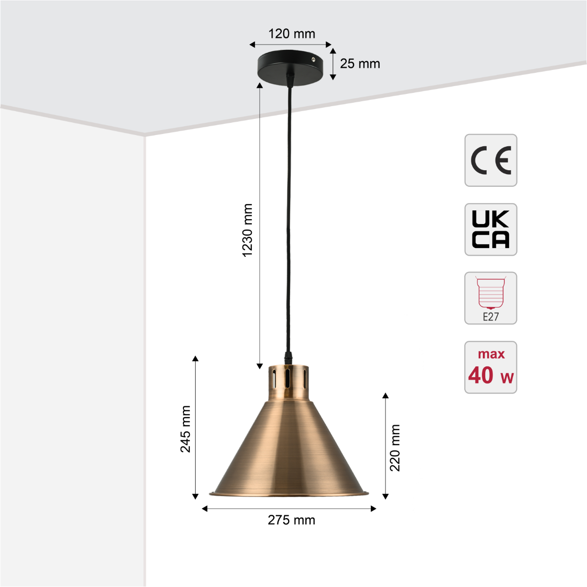 Size and certifications of  Sleek Industrial Cone Pendant Light 150-18433