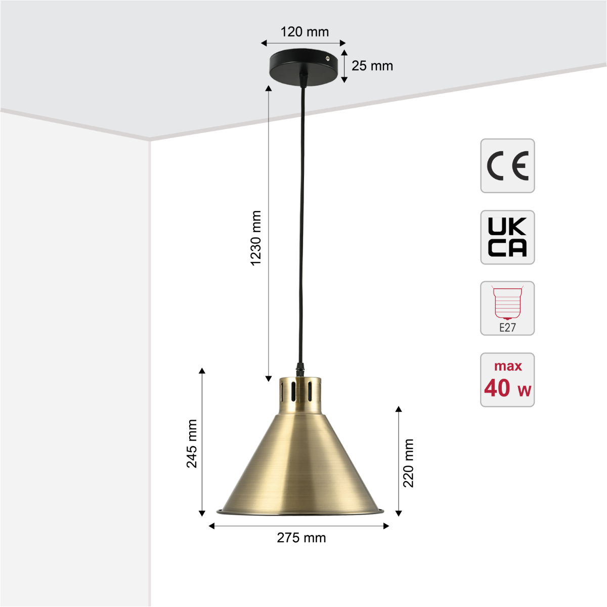 Size and certifications of  Sleek Industrial Cone Pendant Light 150-18434