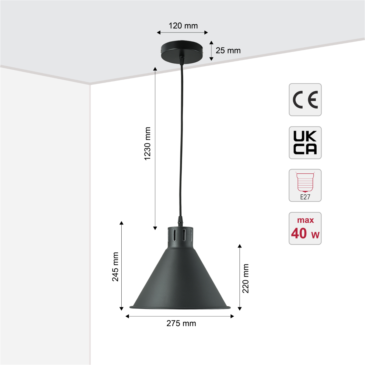 Size and certifications of  Sleek Industrial Cone Pendant Light 150-18435