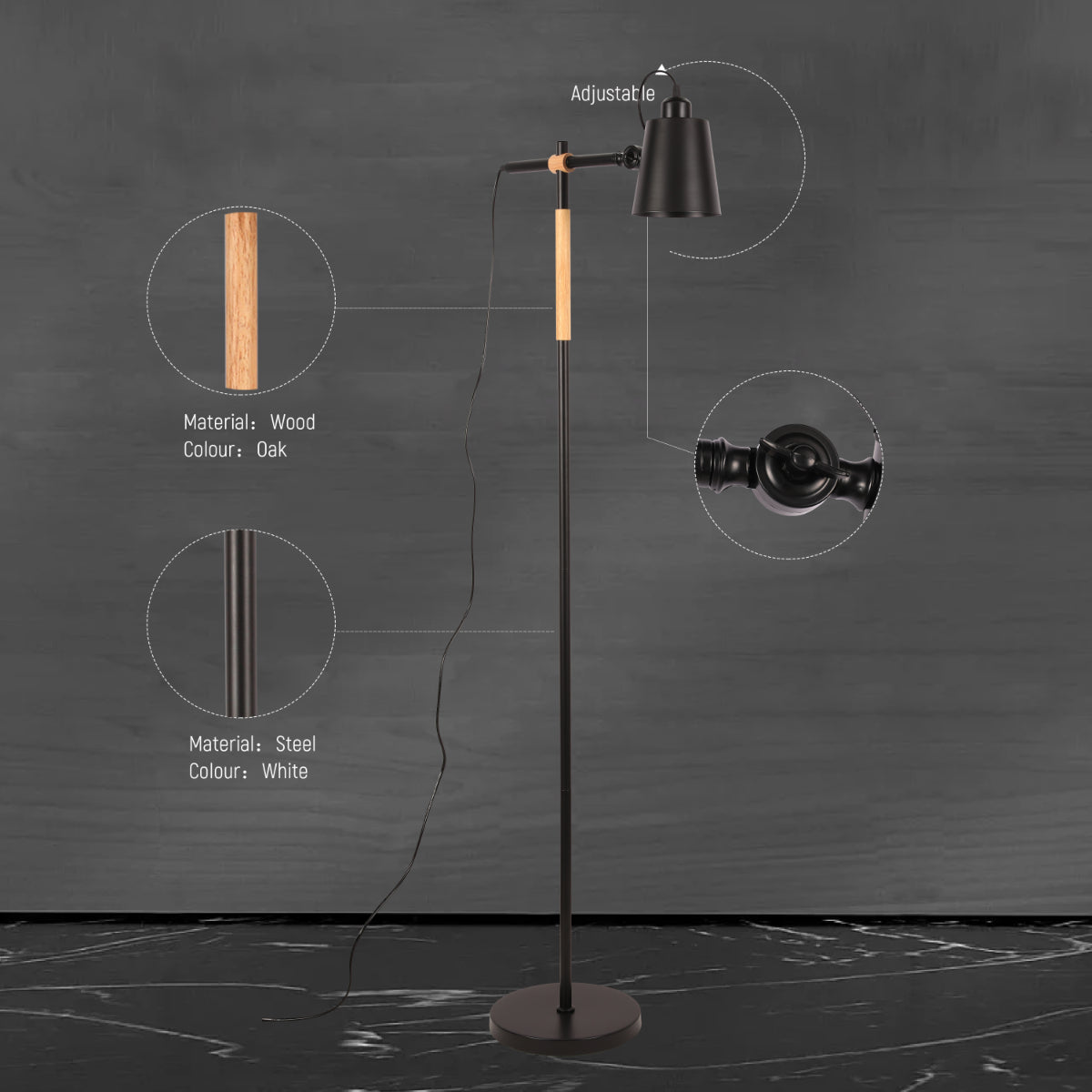 Close shots of Sleek Nordic Floor Lamp with Oak Wood Detail - E27, Black/White 130-03548