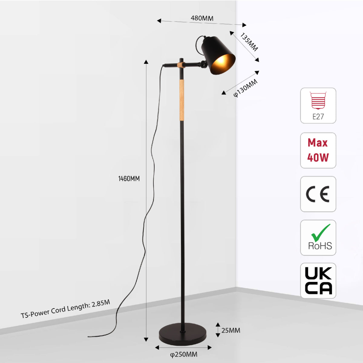 Size and certifications of Sleek Nordic Floor Lamp with Oak Wood Detail - E27, Black/White 130-03548