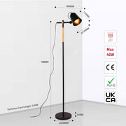 Size and certifications of Sleek Nordic Floor Lamp with Oak Wood Detail - E27, Black/White 130-03548