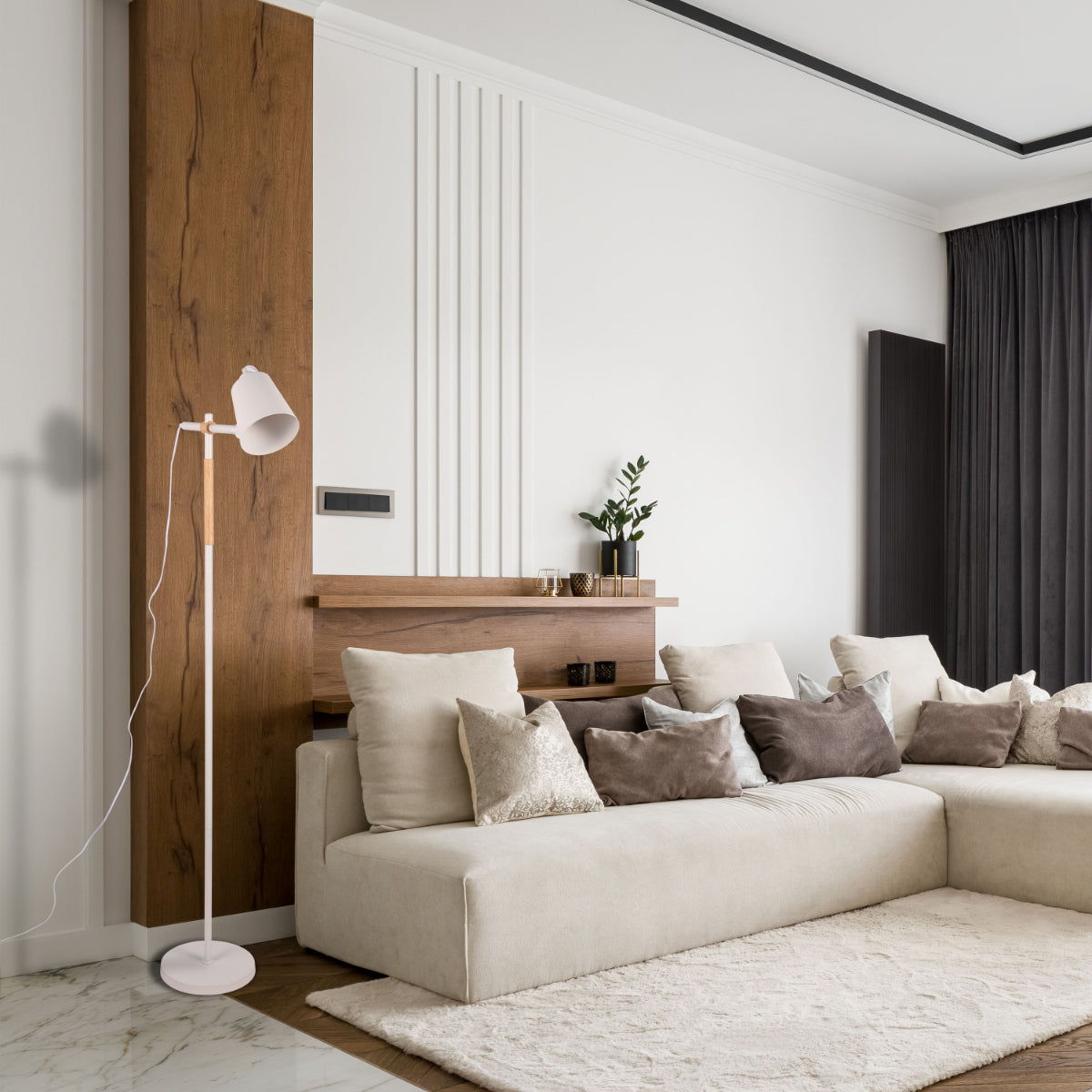 Sleek Nordic Floor Lamp with Oak Wood Detail - E27, Black/White 130-03550 in play