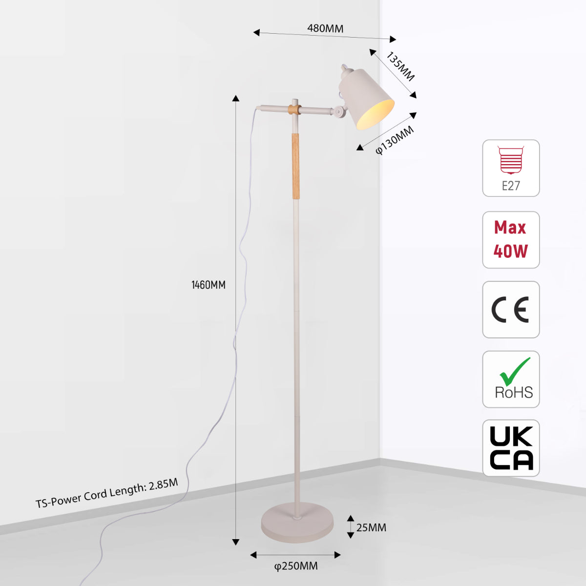Size and certifications of Sleek Nordic Floor Lamp with Oak Wood Detail - E27, Black/White 130-03550