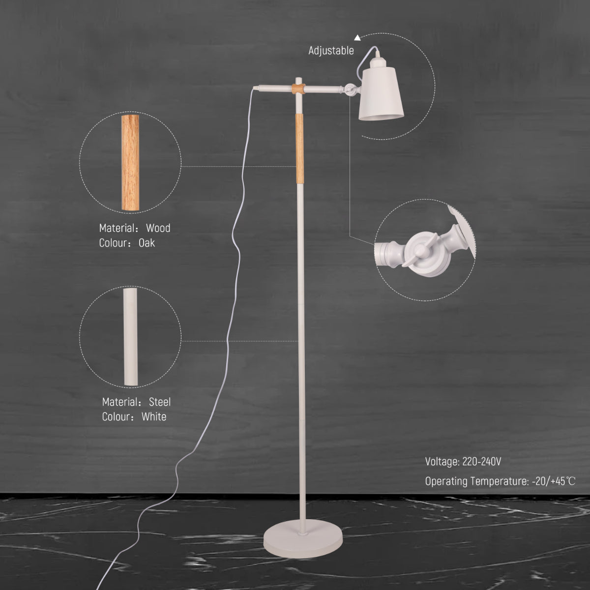 Technical specs of Sleek Nordic Floor Lamp with Oak Wood Detail - E27, Black/White 130-03550