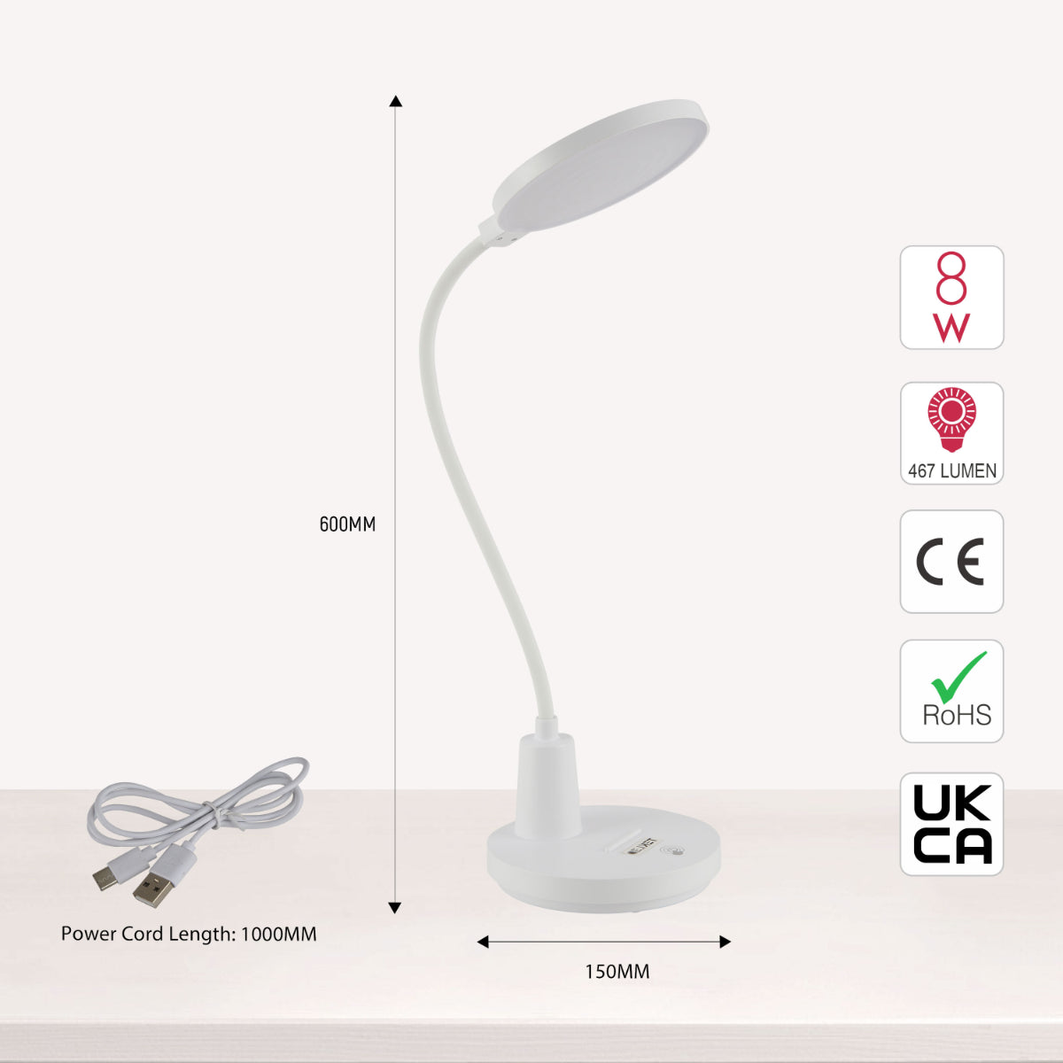 Size and certifications of Sleek Rechargeable Gooseneck LED Desk Lamp 130-03759