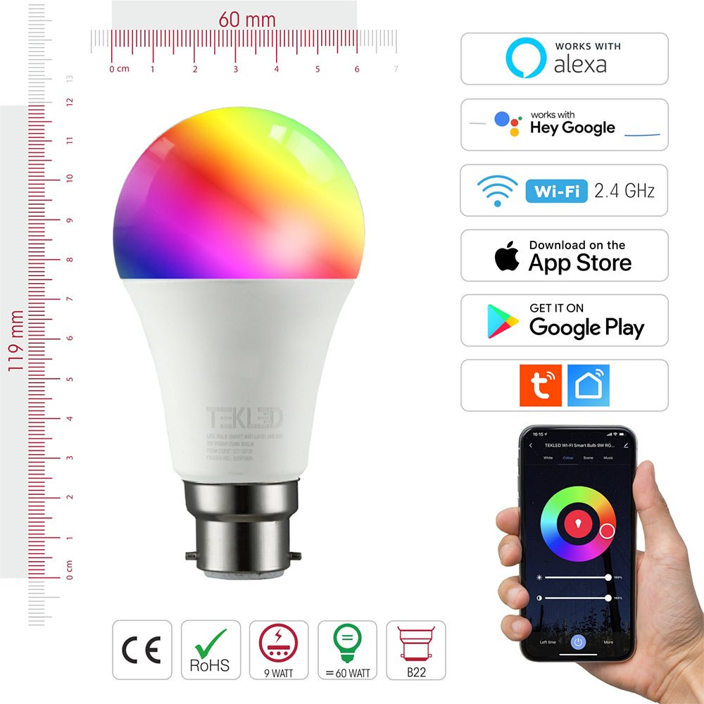 Smart LED GLS Bulb A60 B22 Bayonet Cap 9W RGB White Pack of 2