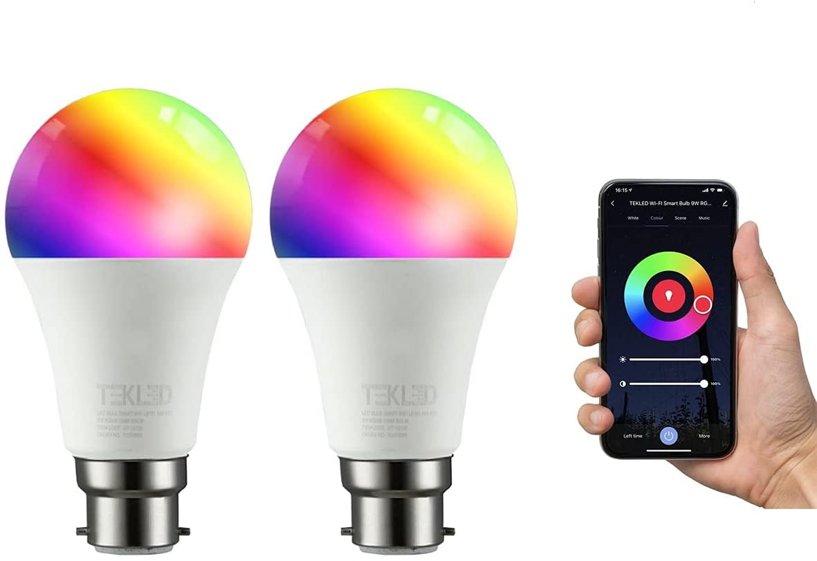 TEKLED GLS A60 Smart B22 Bayonet cap RGB CW LED bulb is wifi enabled and compatible with Alexa and Hey Google