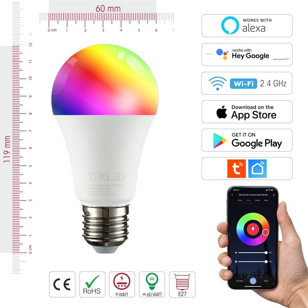 Smart LED GLS Bulb A60 E27 Edison Screw 9W RGB White Pack of 2 Alexa Wifi Smart Life App