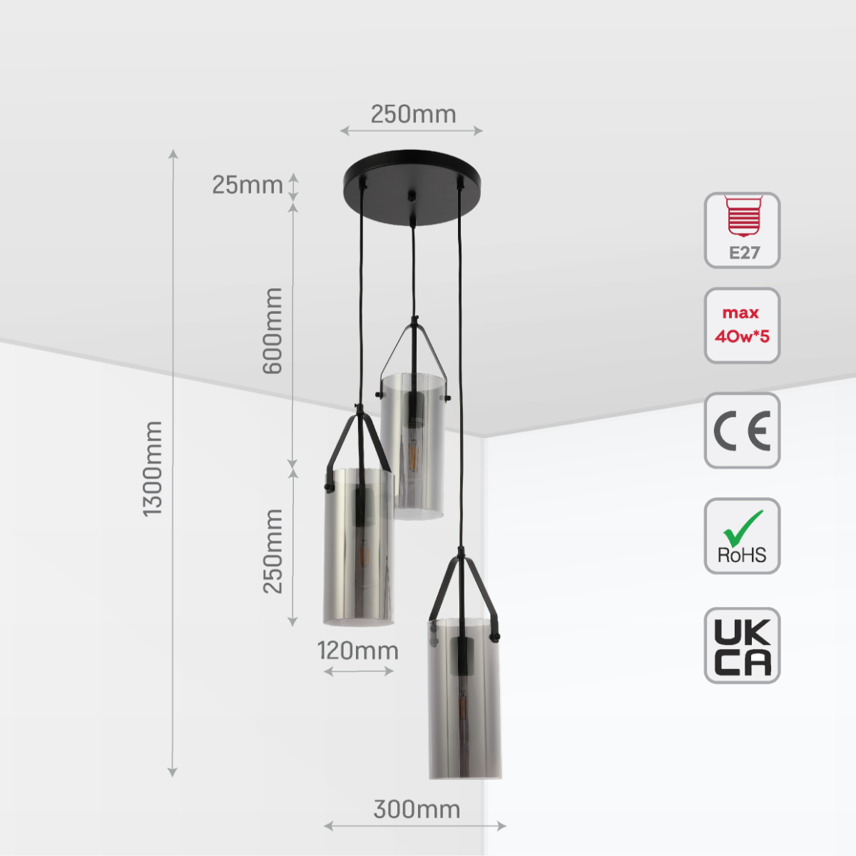 Size and certifications of Smoky Glass Chandelier - Linear & Round Variants, Adjustable Drop 150-19044