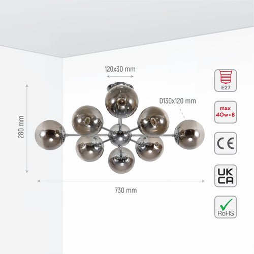 Size and specs of Smoky Globe Glass Chrome Metal Body Sputnik Molecule Modern Ceiling Light with E27 Fittings | TEKLED 159-17690