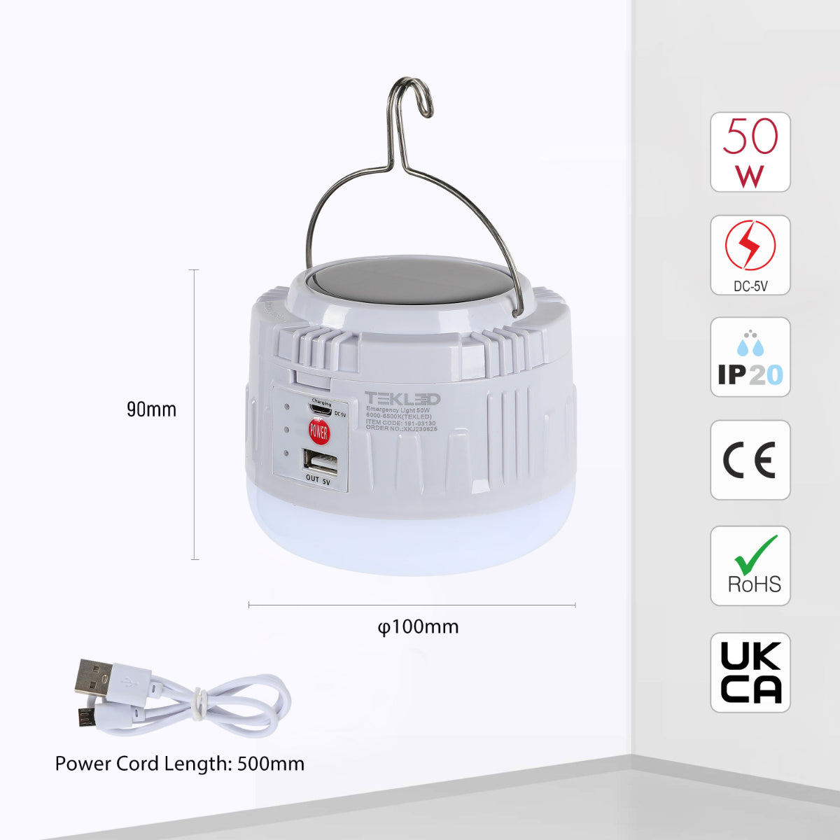 Size and certifications of Solar Rechargeable Emergency Light Bulb Lantern Cool Daylight 191-03130