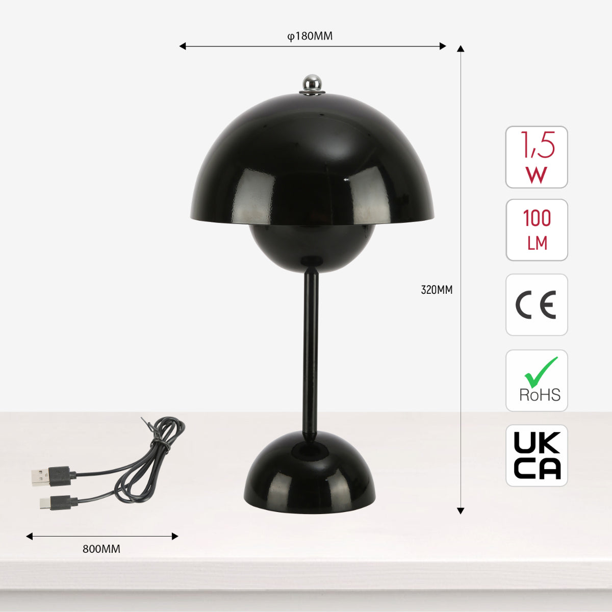 Size and certifications of Spherical Harmony LED Table Lamp – Dual-Color Elegance 130-03732