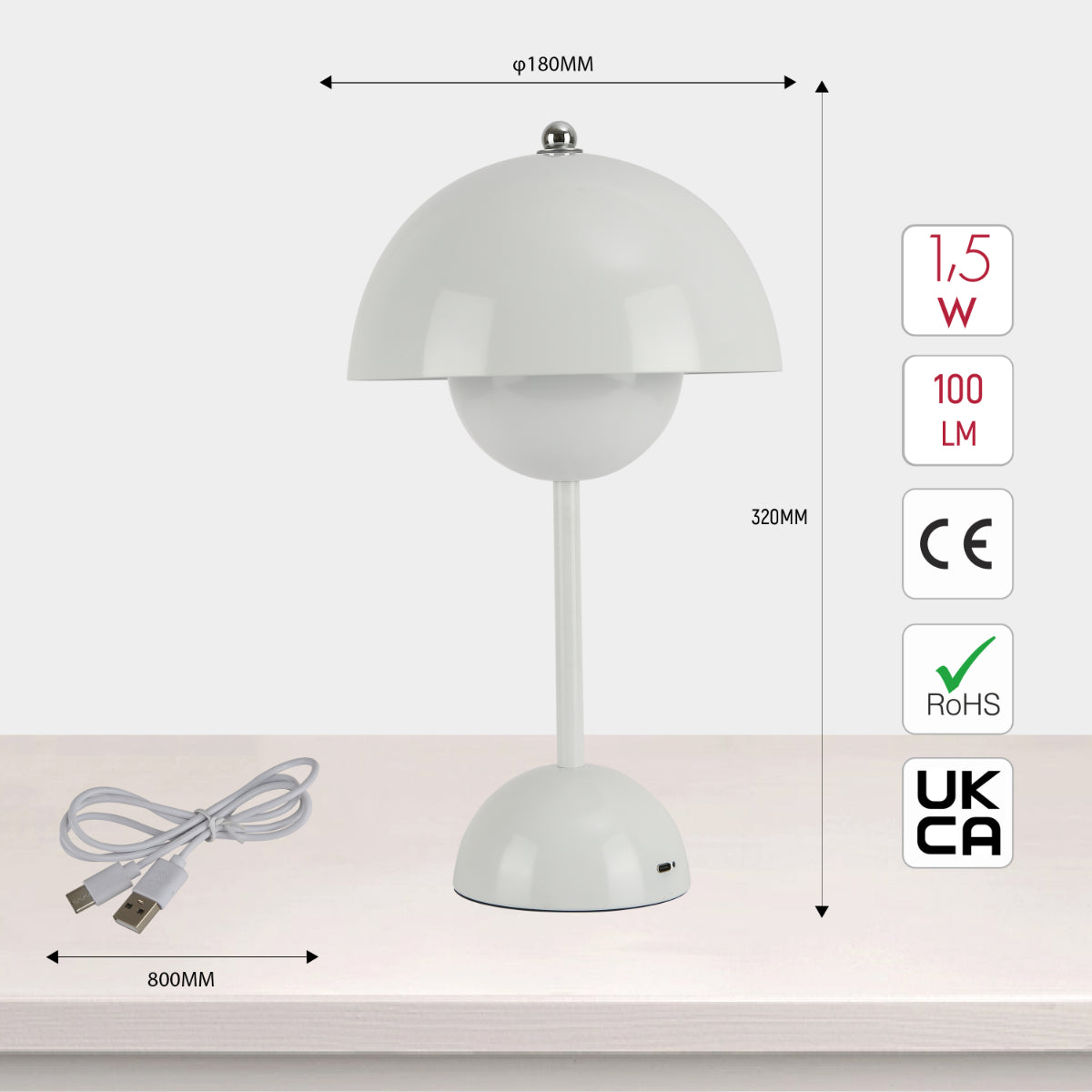 Size and certifications of Spherical Harmony LED Table Lamp – Dual-Color Elegance 130-03734