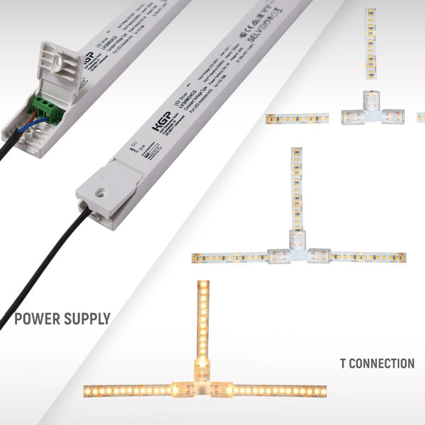 T connection of LED Strip Light 180pcs 2835 LED 10W 2A 24Vdc 10mm 5m IP65 Waterproof 3000K Warm White 4000K Cool White 6500K Cool Daylight | TEKLED 582-032733