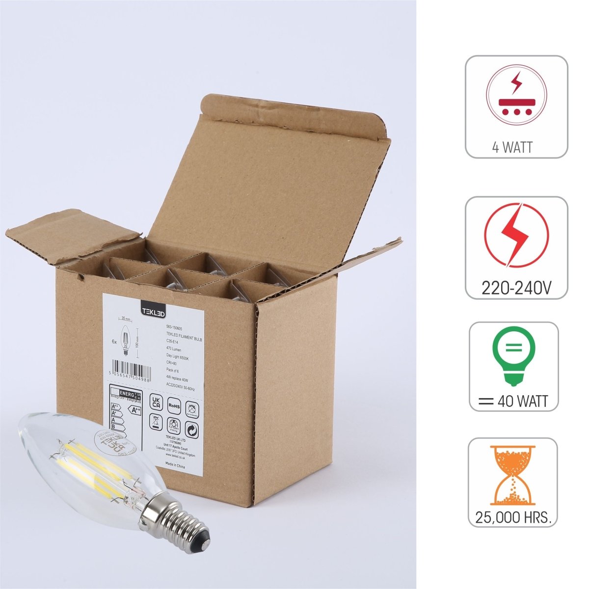 Technical specs of LED Filament Bulb C35 Candle E14 Small Edison Screw 4W 470lm Cool Daylight 6500K Clear Pack of 6 | TEKLED 583-150605