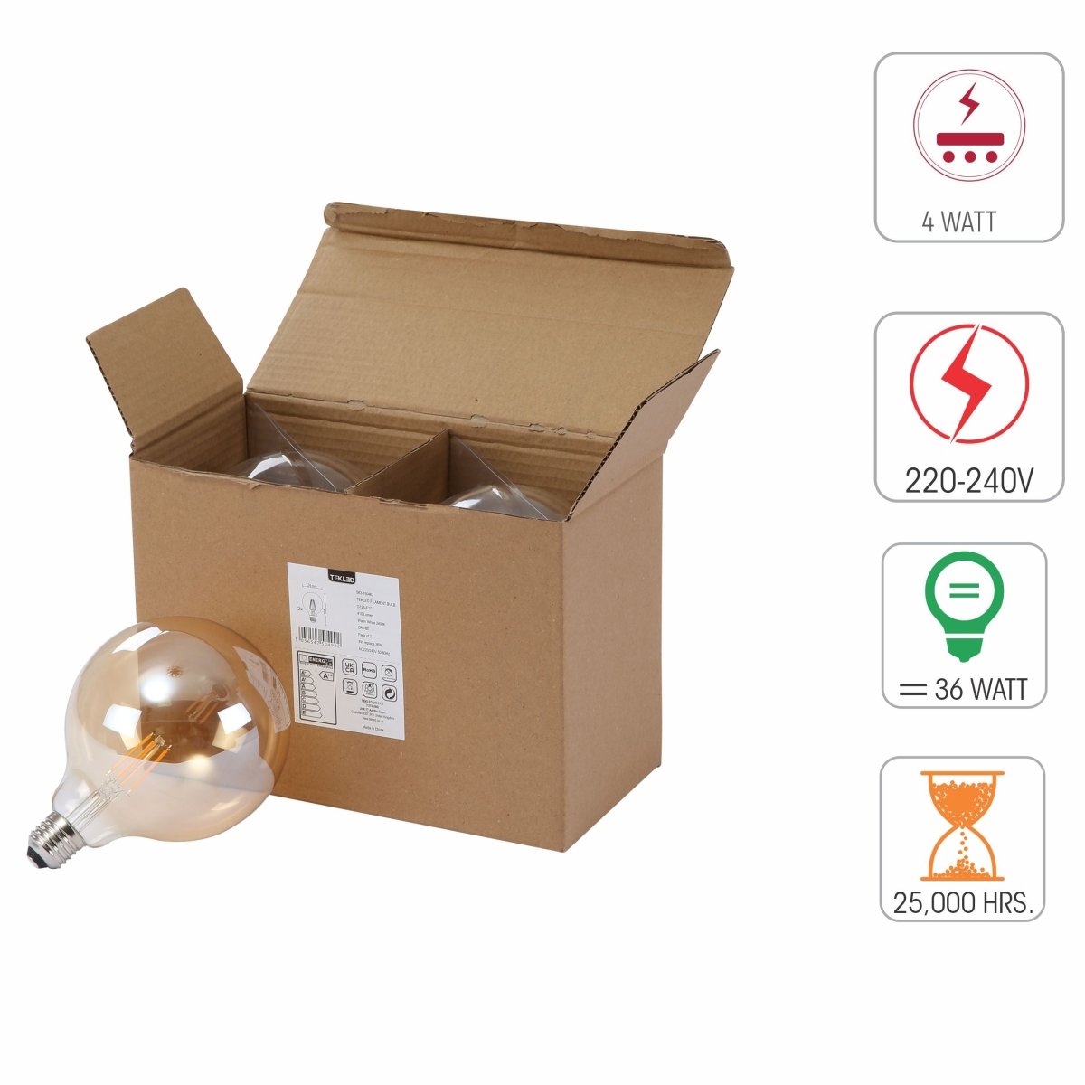 Technical specs of LED Filament Bulb G125 Globe E27 Edison Screw 4W 410lm Warm White 2400K Amber Pack of 2 | TEKLED 583-150462