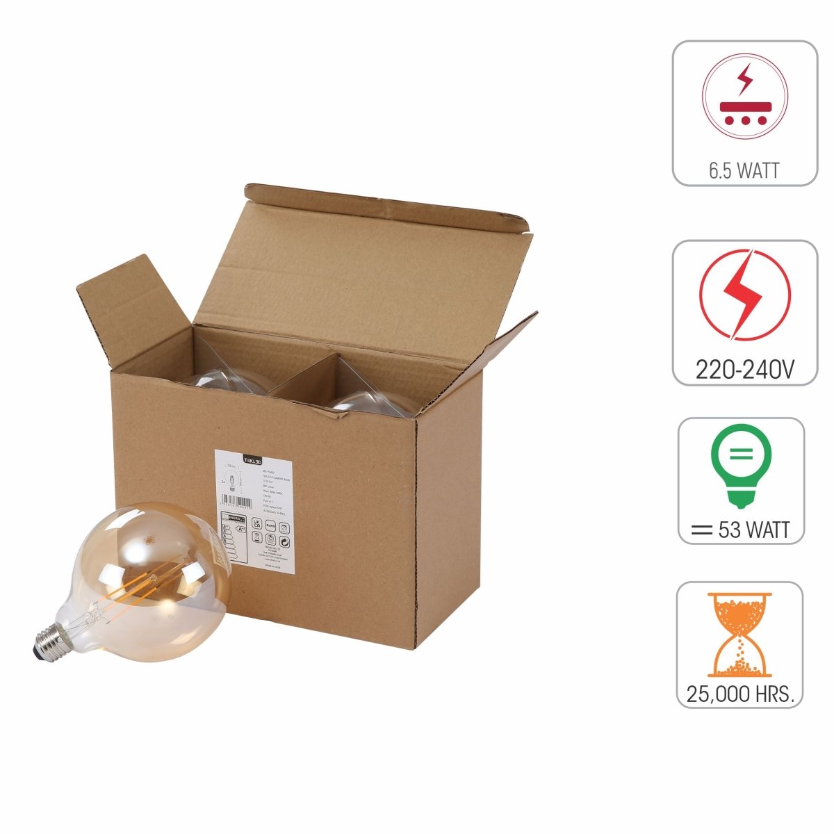 Technical specs of LED Filament Bulb G125 Globe E27 Edison Screw 6.5W 680lm Warm White 2400K Amber Pack of 2 | TEKLED 583-150482
