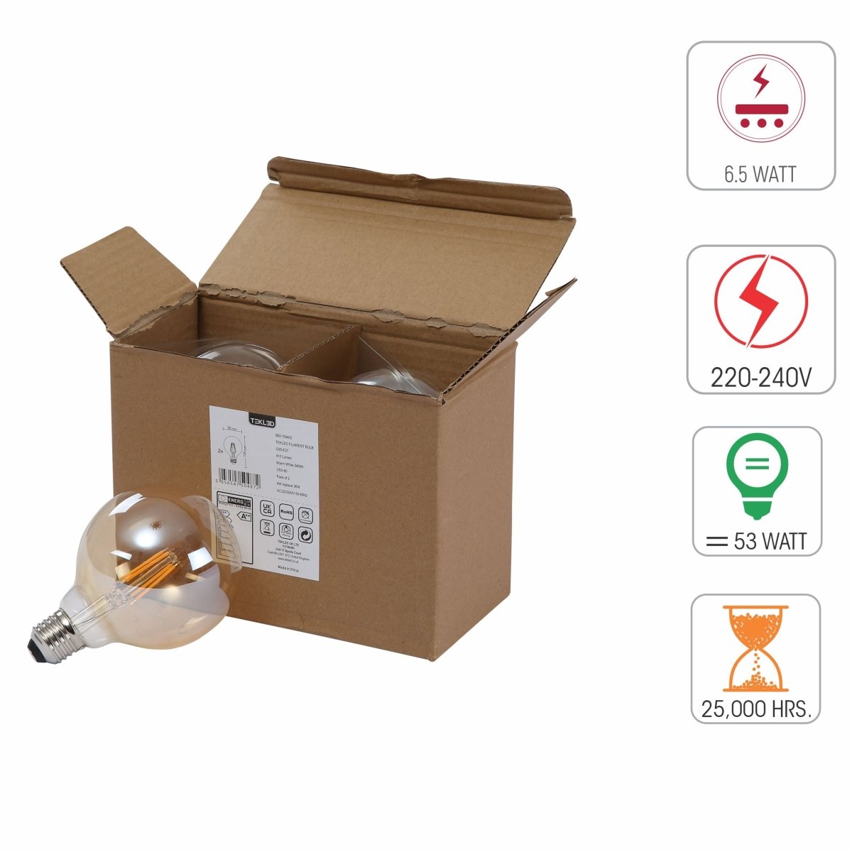 Technical specs of LED Filament Bulb G95 Globe E27 Edison Screw 4W 410lm Warm White 2400K Amber Pack of 2 | TEKLED 583-150402