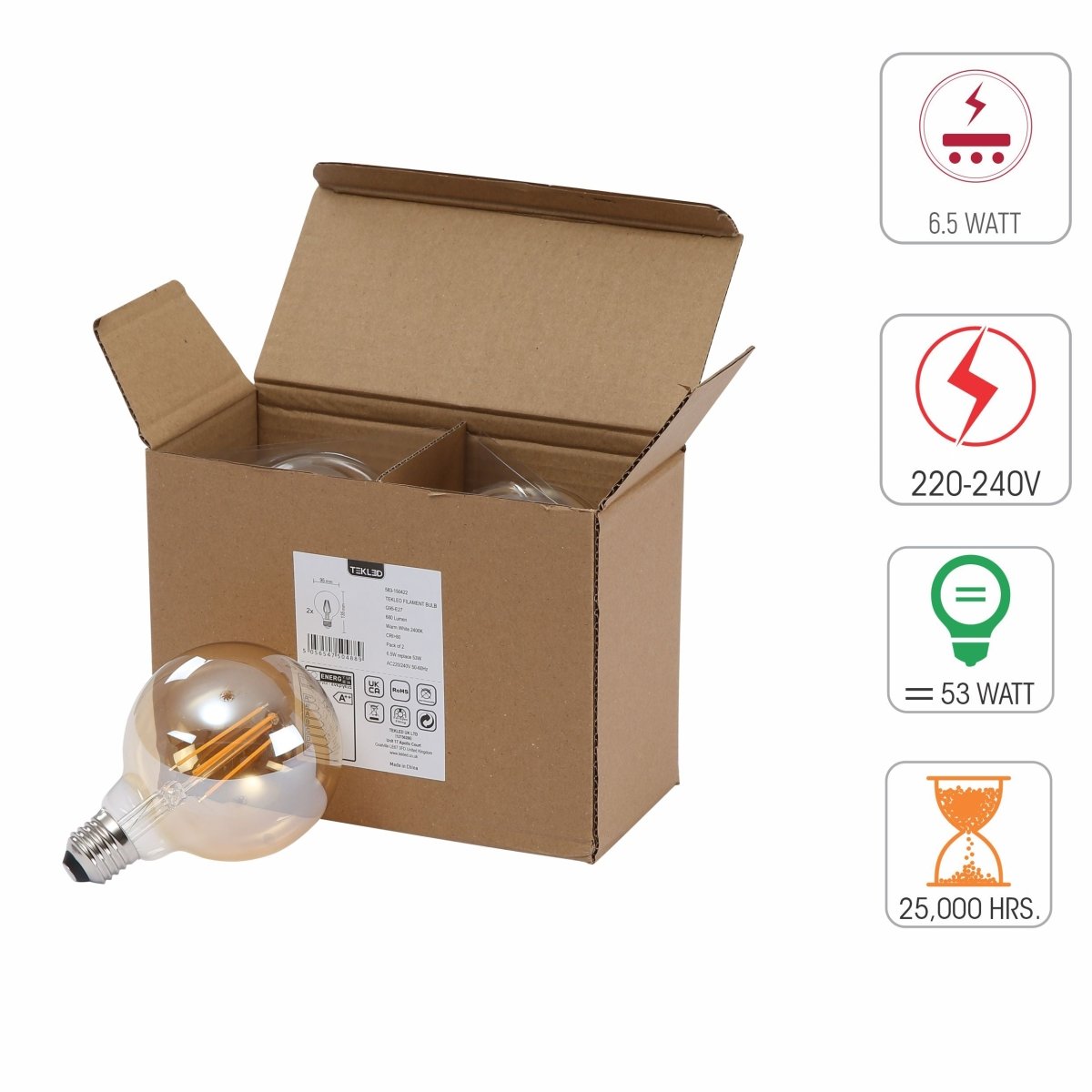 Technical specs of LED Filament Bulb G95 Globe E27 Edison Screw 6.5W 680lm Warm White 2400K Amber Pack of 2 | TEKLED 583-150422
