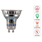 A 4-watt LED spotlight bulb with a lifespan of 25,000 hours. Equivalent to 50 watts, and operates at 220-240V.