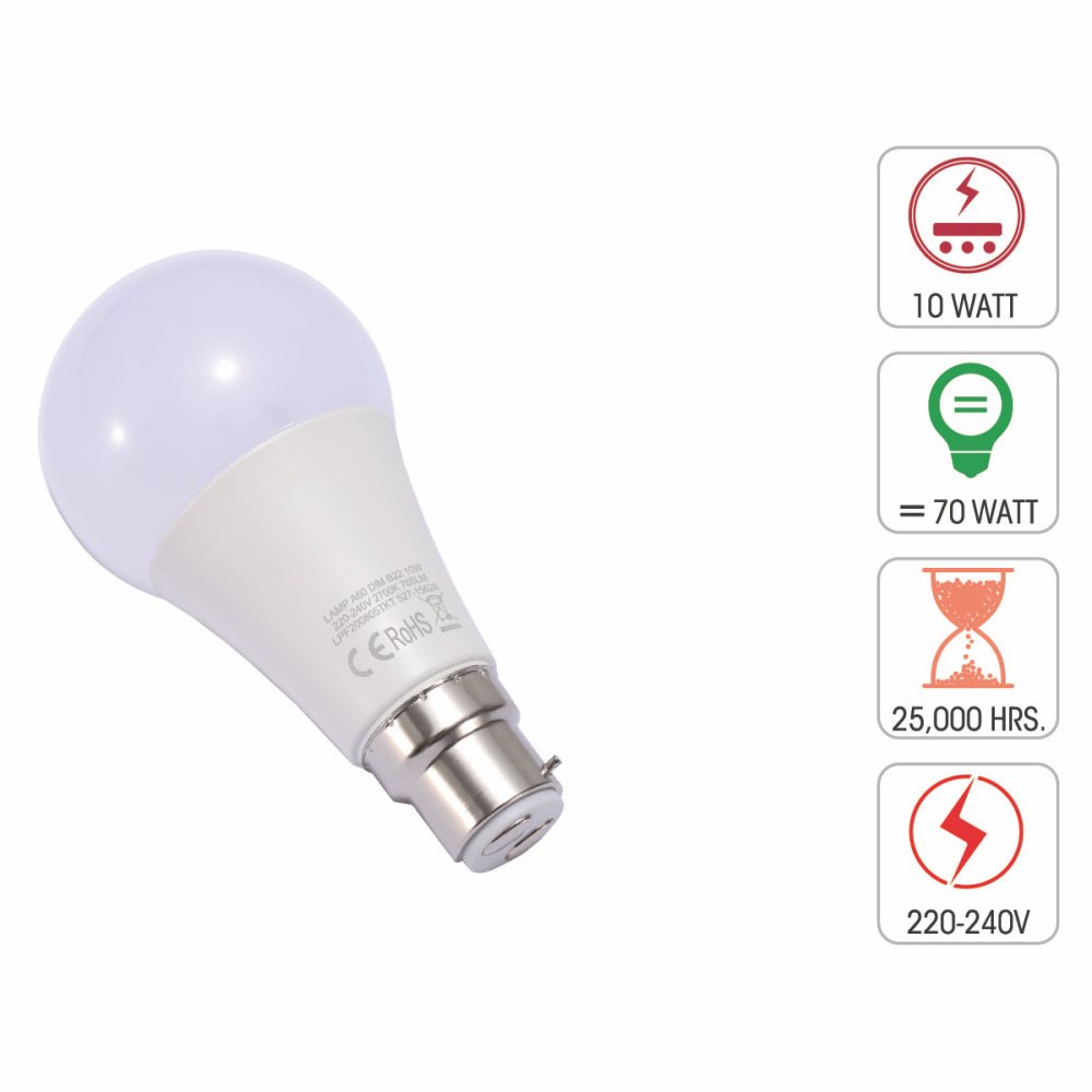 Technical specification of  leo led gls bulb a60 dimmable b22 bayonet cap 10w 2700k warm white pack of 2