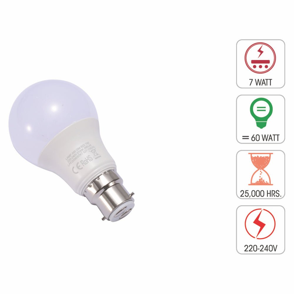 Technical specification of  leo led gls bulb a60 dimmable b22 bayonet cap 7w 2700k warm white pack of 2