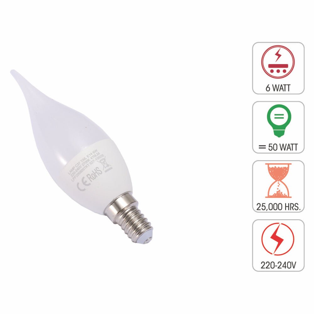 Technical specification of  pisces led candle bulb c37 tail e14 small edison screw 6w 2700k warm white pack of 6/10