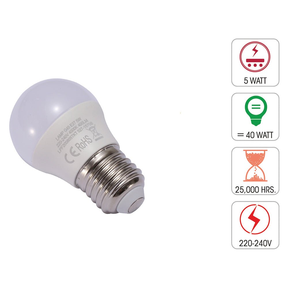 Technical specification of  ursa led golf ball bulb g45 e27 edison screw 5w 4000k cool white pack of 6/10 2700k warm white