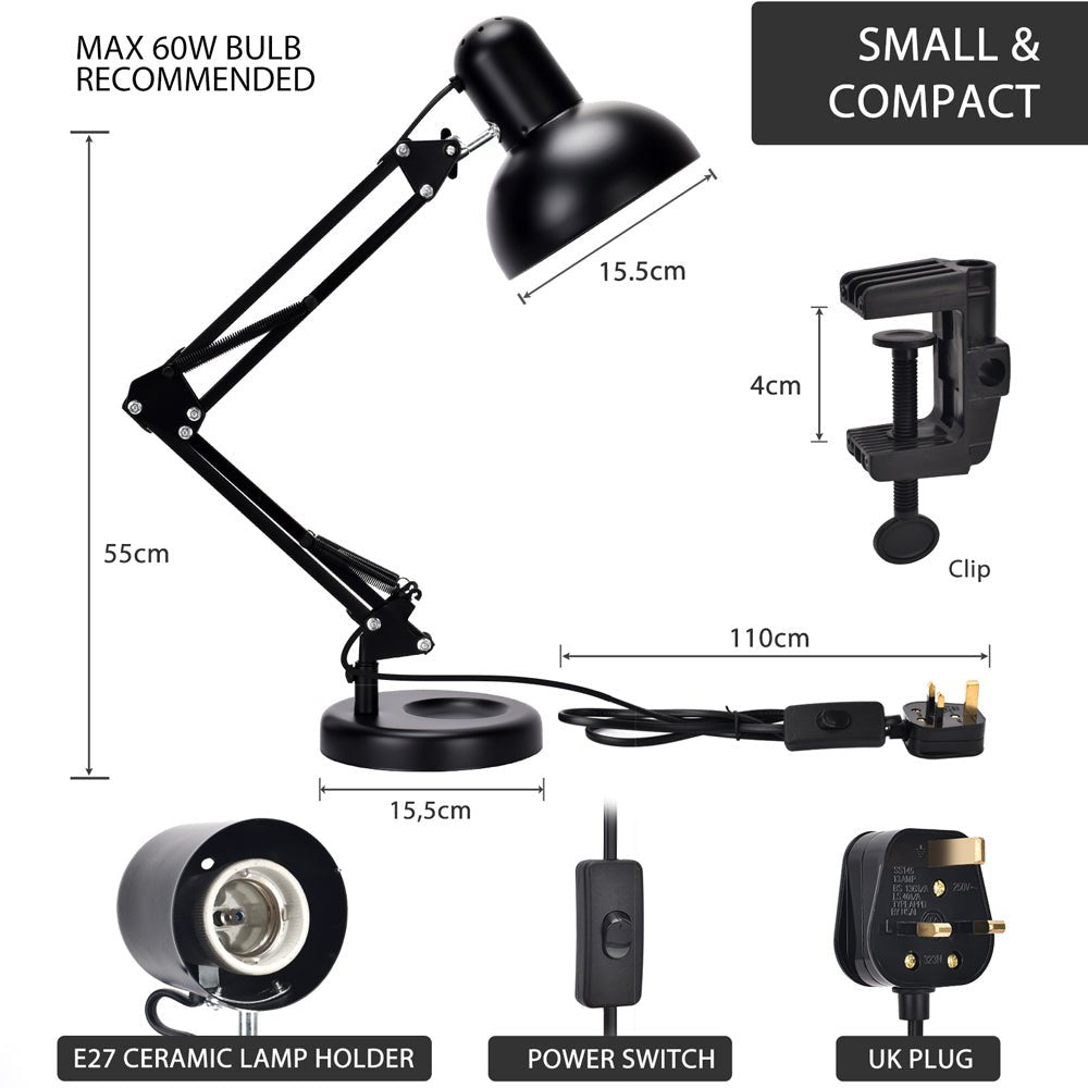 Close up of box contents and measurements of Atlas Architect Swing Arm Black Desk Lamp with Clip E27