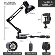 Black adjustable desk lamp with measurements. Features a clip, power switch, and UK plug.