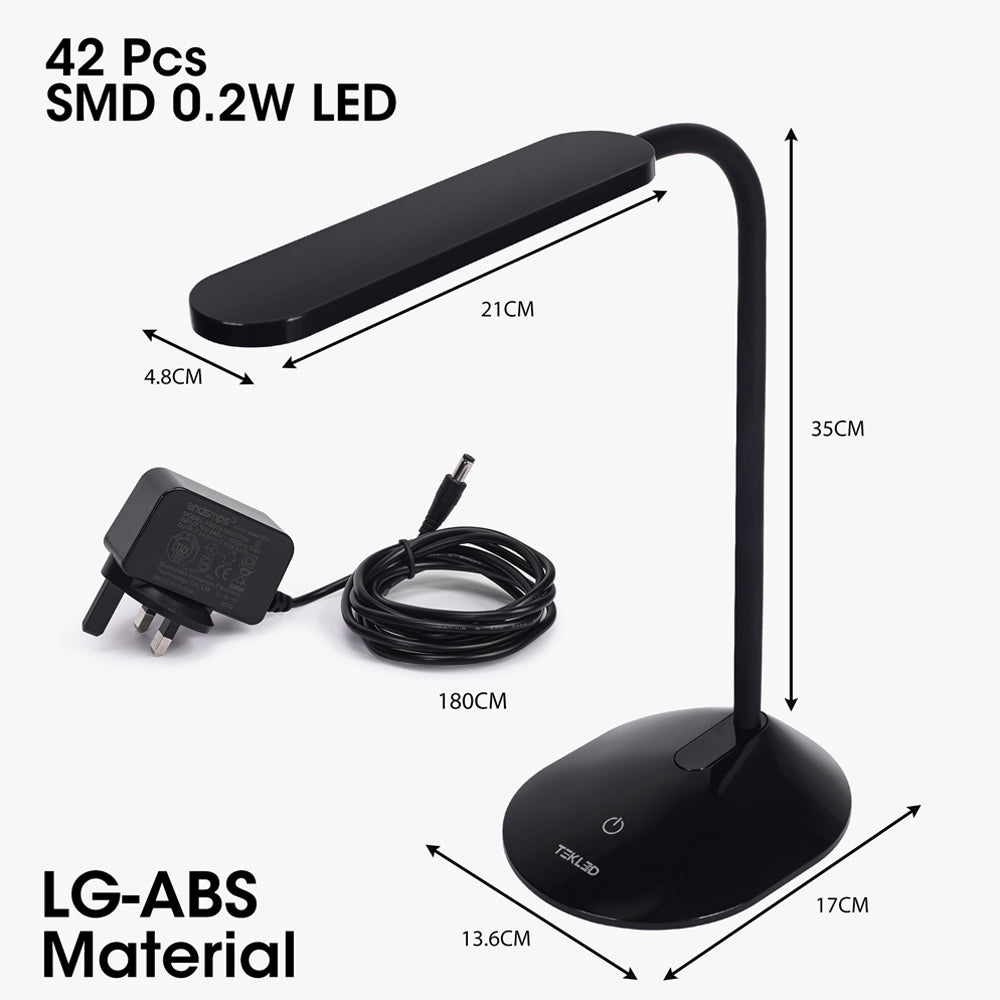 Close up of box contents and dimensions of  Erdy Goose Neck Black LED Desk Lamp