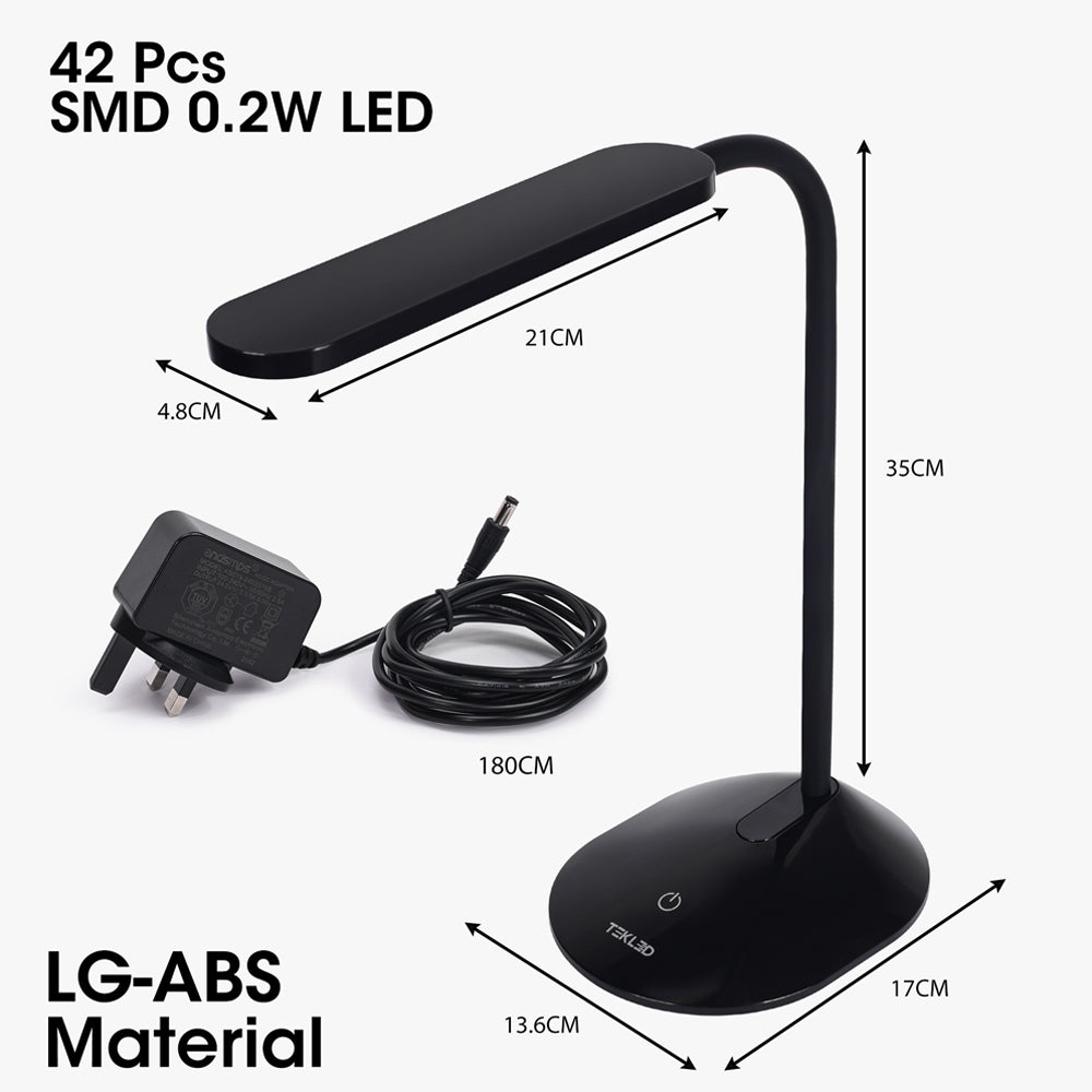 Black LED desk lamp with adjustable gooseneck and touch controls on the base. Perfect for study or bedside use.