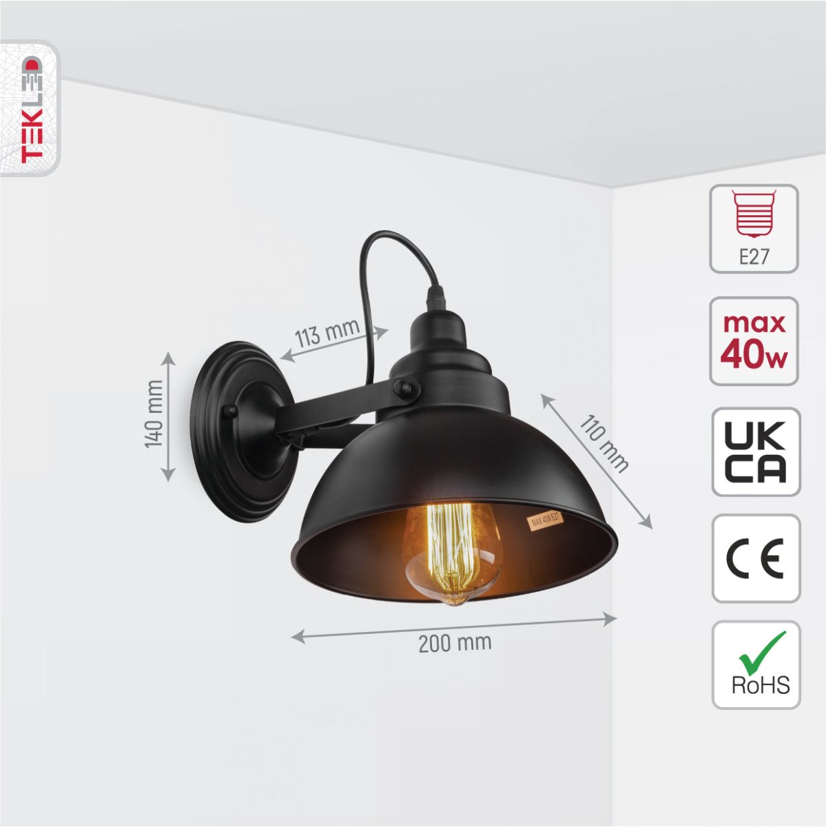 Technical specs and measurements for Black Metal Hinged Dome Wall Light with E27 Fitting