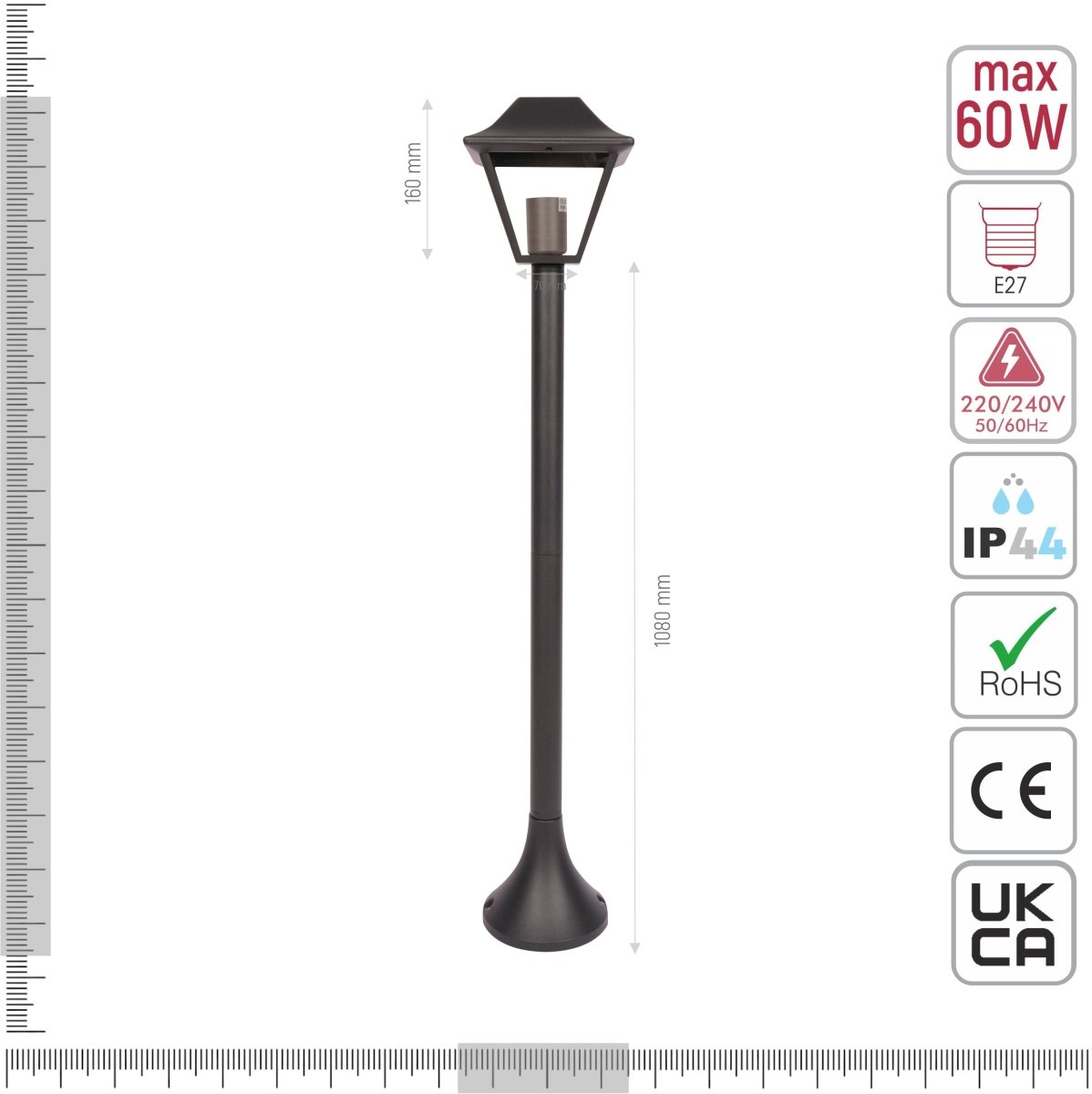 Technical specifications and measurements for Bollard Lawn Lamp 1M Pole Matt Black Clear Glass E27