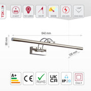 Technical specs and measurements for LED Mirror and Painting Light 8W Warm White 3000K Chrome 64cm