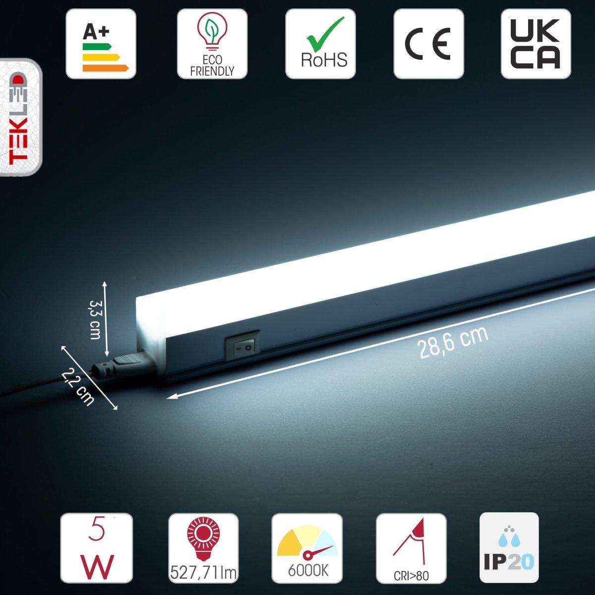 Technical specs and measurements for LED T5 Under Cabinet Link Light 5W 6500K Cool Daylight IP20 with switch 286mm 1ft