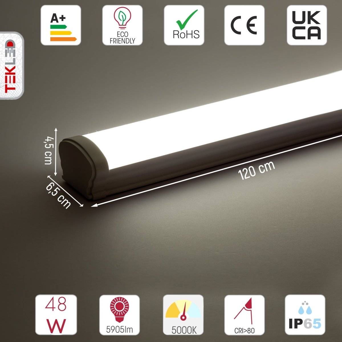 Technical specs and measurements for LED Tri-proof Batten Linear Fitting 48W 5000K Cool White IP65 120cm 4ft