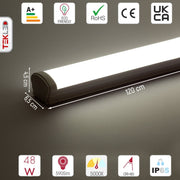 Technical specs and measurements for LED Tri-proof Batten Linear Fitting 48W 5000K Cool White IP65 120cm 4ft
